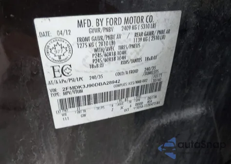 2013 Ford Edge Sel из США, поврежденный, VIN 2FMDK3J90DBA28942